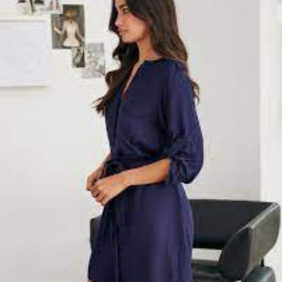 Navy Button Down Shirt Dress with self tie belt and 3/4 sleeves - Picture 4 of 4